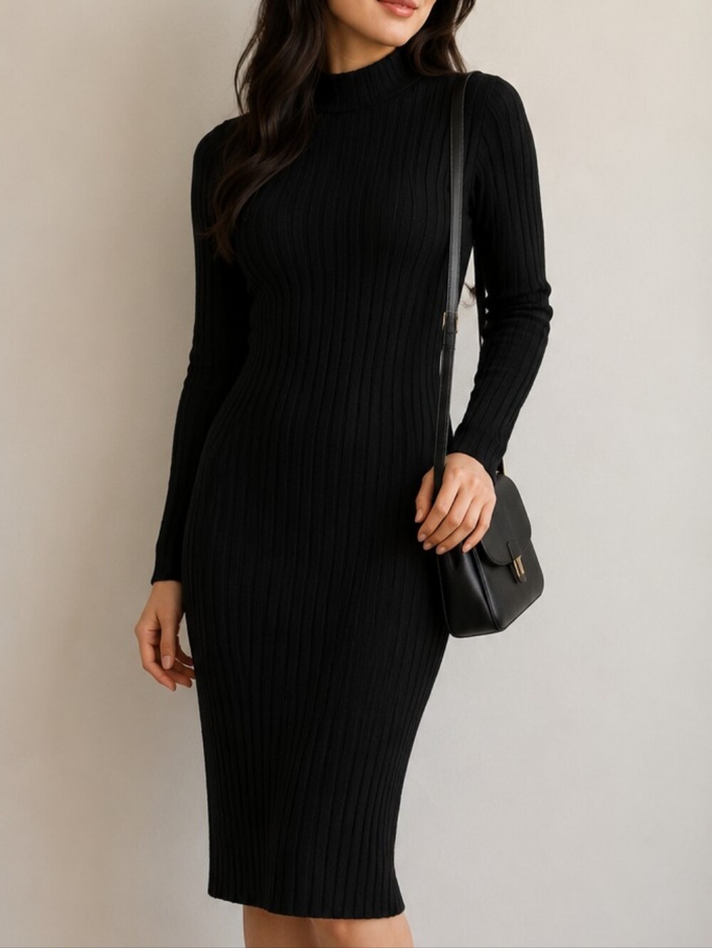 H&M Black Ribbed Knit Midi Dress – Size XS